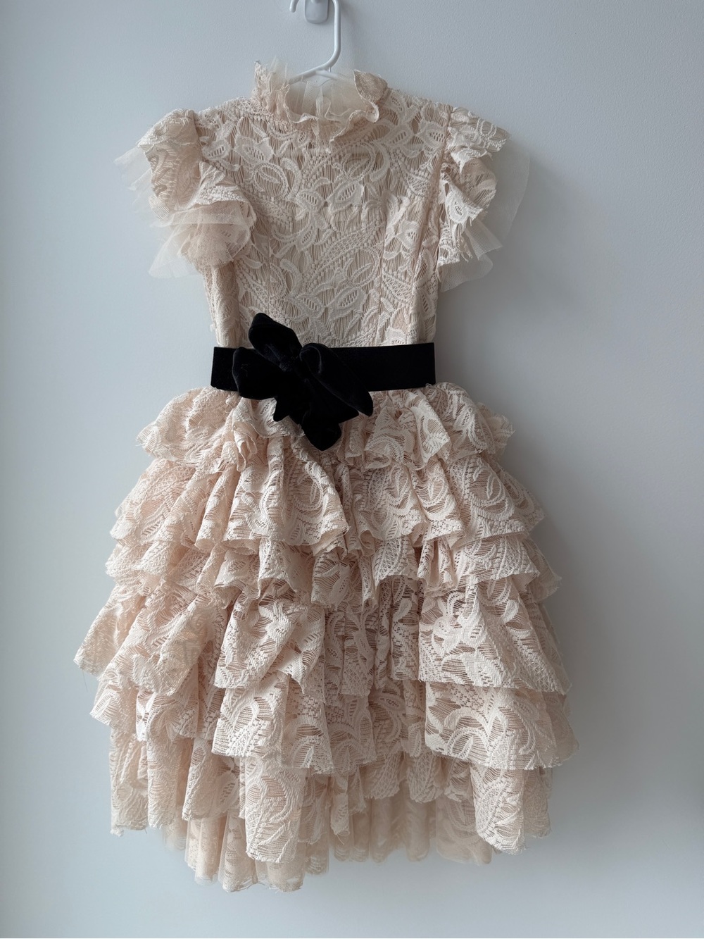 Joyfolie Blush Lace Tiered Ruffle Dress with Black Velvet Bow